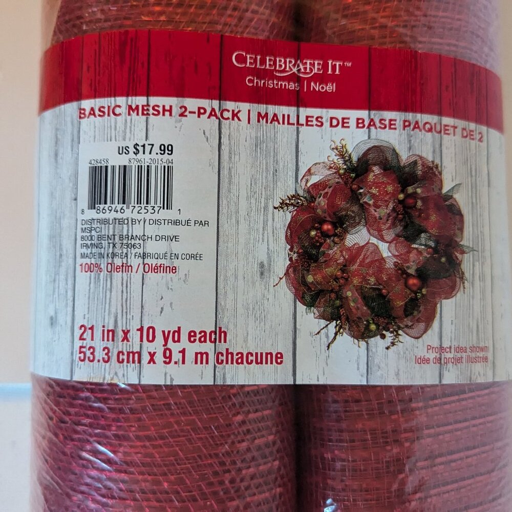 NWT 2 Large Red Mesh Christmas Wreath Rolls Holiday Crafts Decor Celebrate It